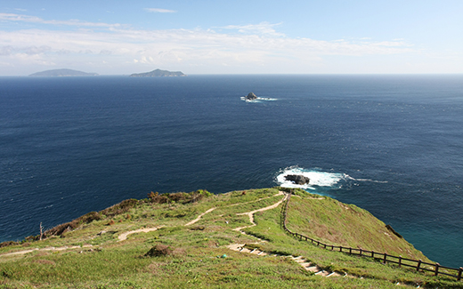 愛媛県の最南端「高茂岬」の写真です。100mを超える断崖が続き、晴れた日は遠く九州まで一望できる絶景地です。